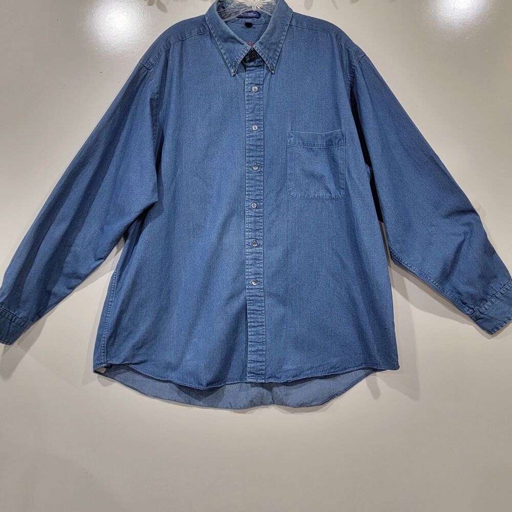 GH Bass Chambray Pleated Cotton Button Down Shirt Size 18 34/35